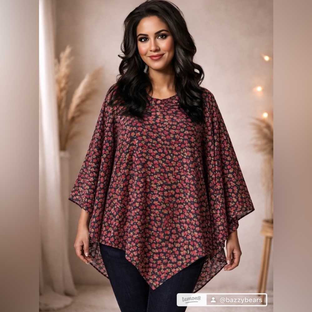 Floral Handkerchief Hem Poncho Top | Flowy Boho sheer top custom made